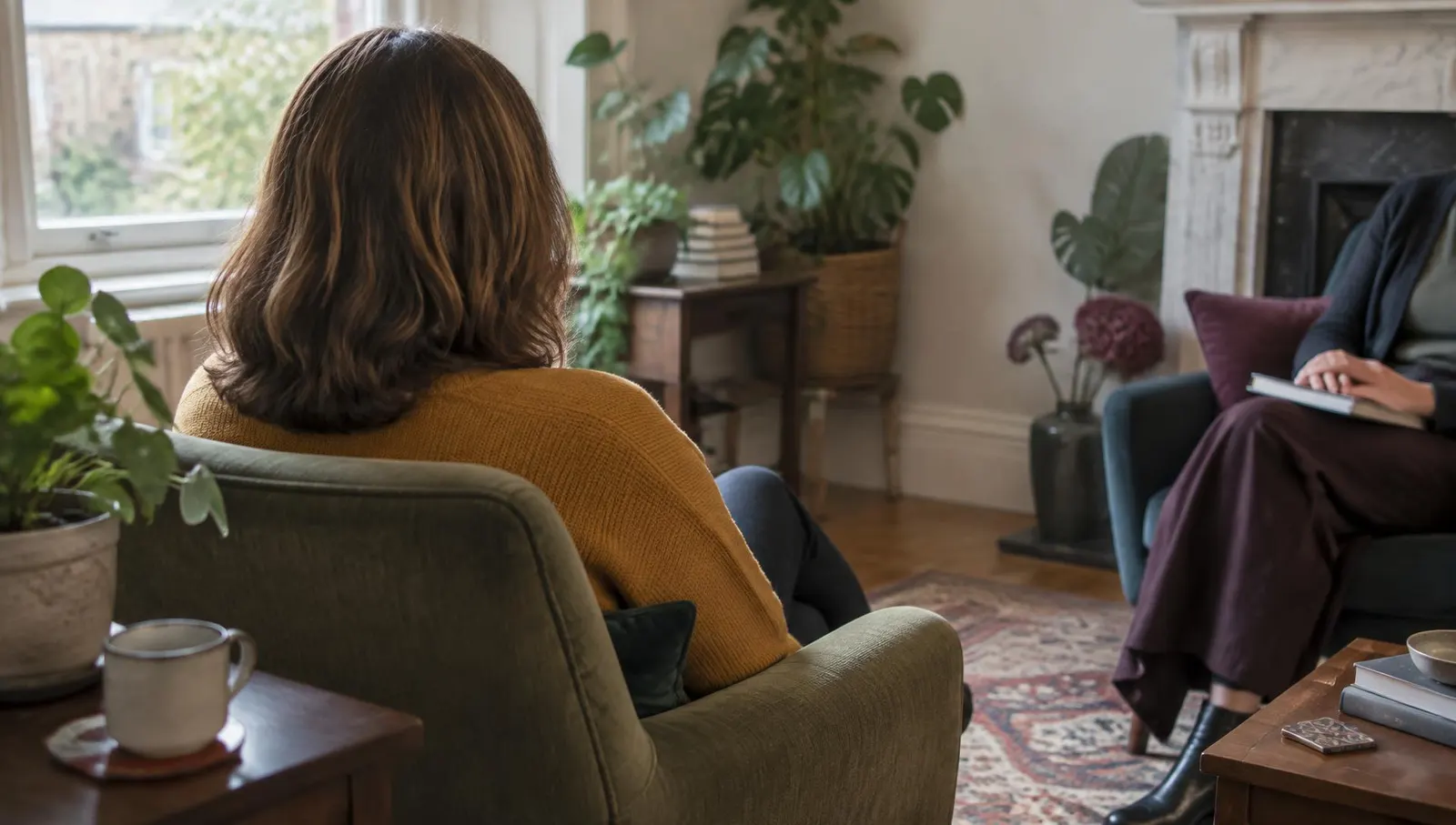 An adult client in an armchair during a therapy session, seen from behind
