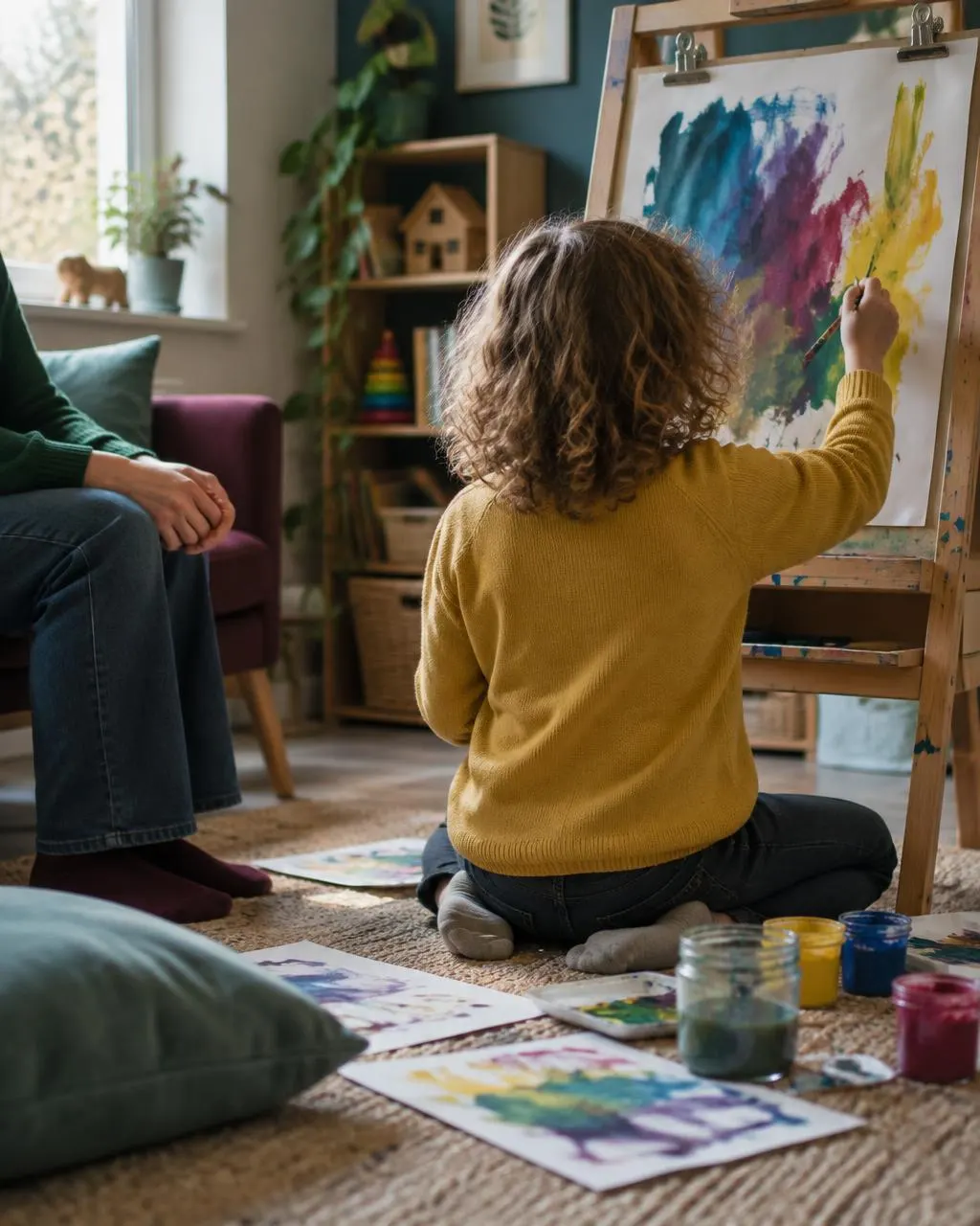 A young child painting at an easel while an adult sits nearby