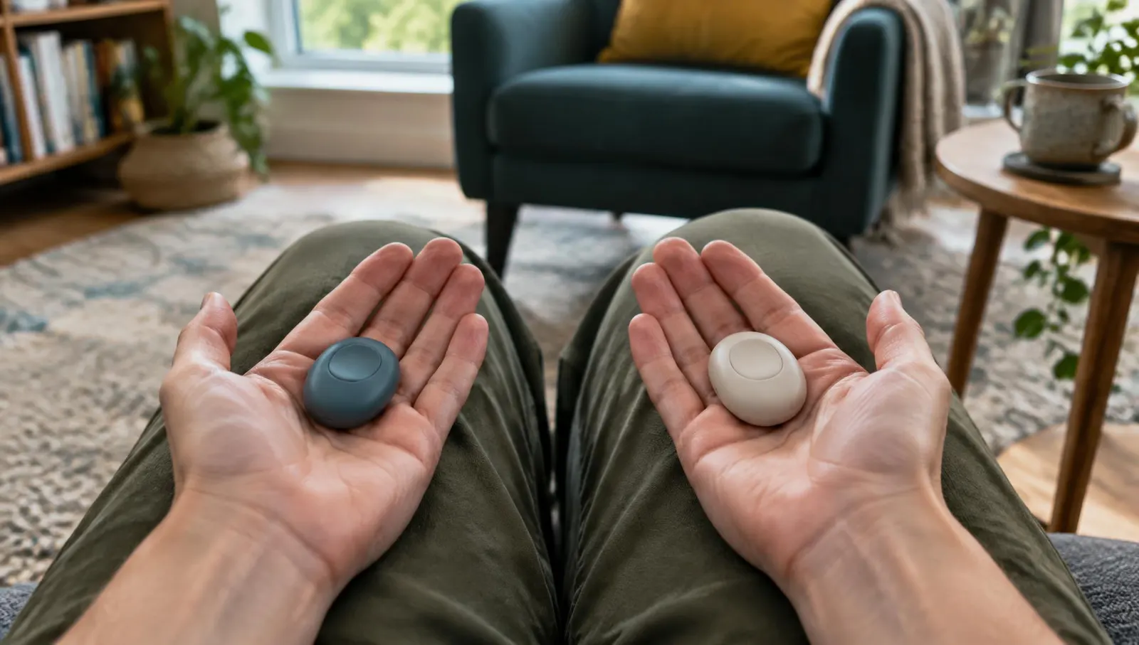 Open hands resting on knees, each holding a small EMDR tactile pulser