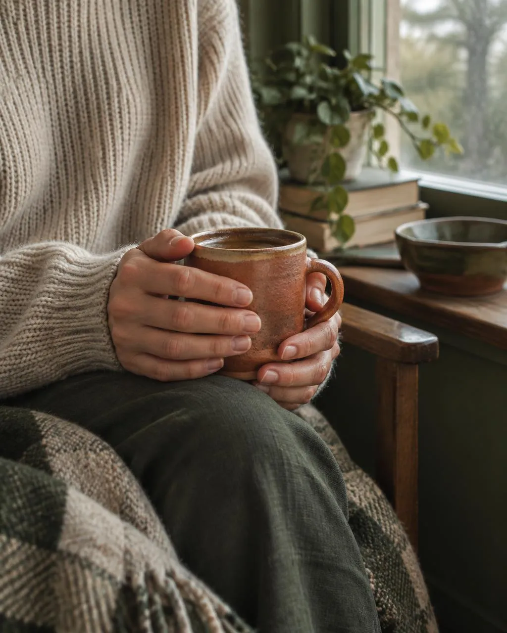 Hands wrapped around a warm mug beside a window
