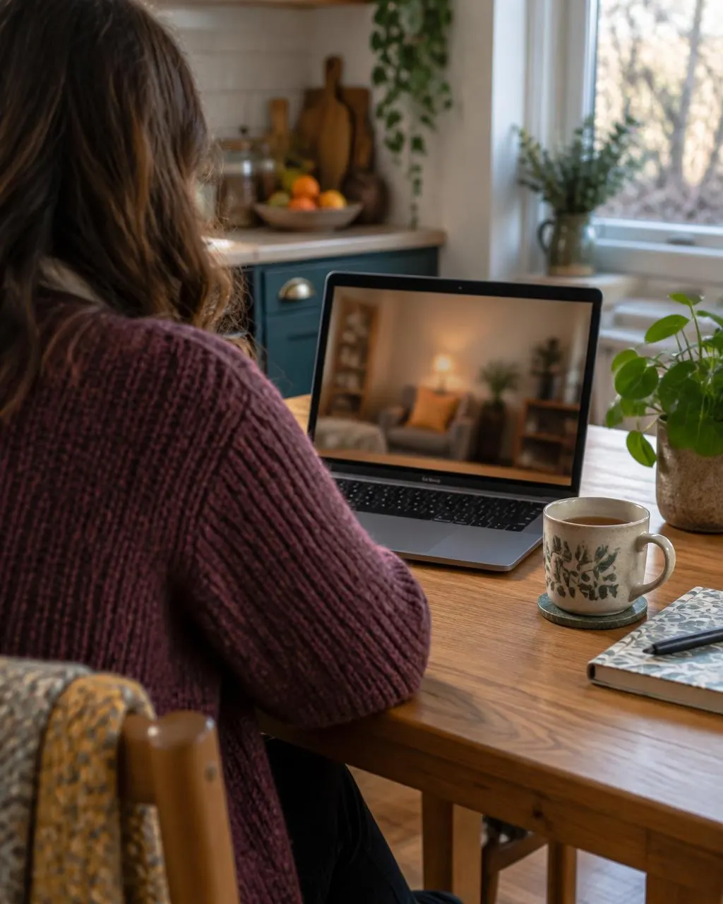 Someone on a video call at their kitchen table, seen from behind