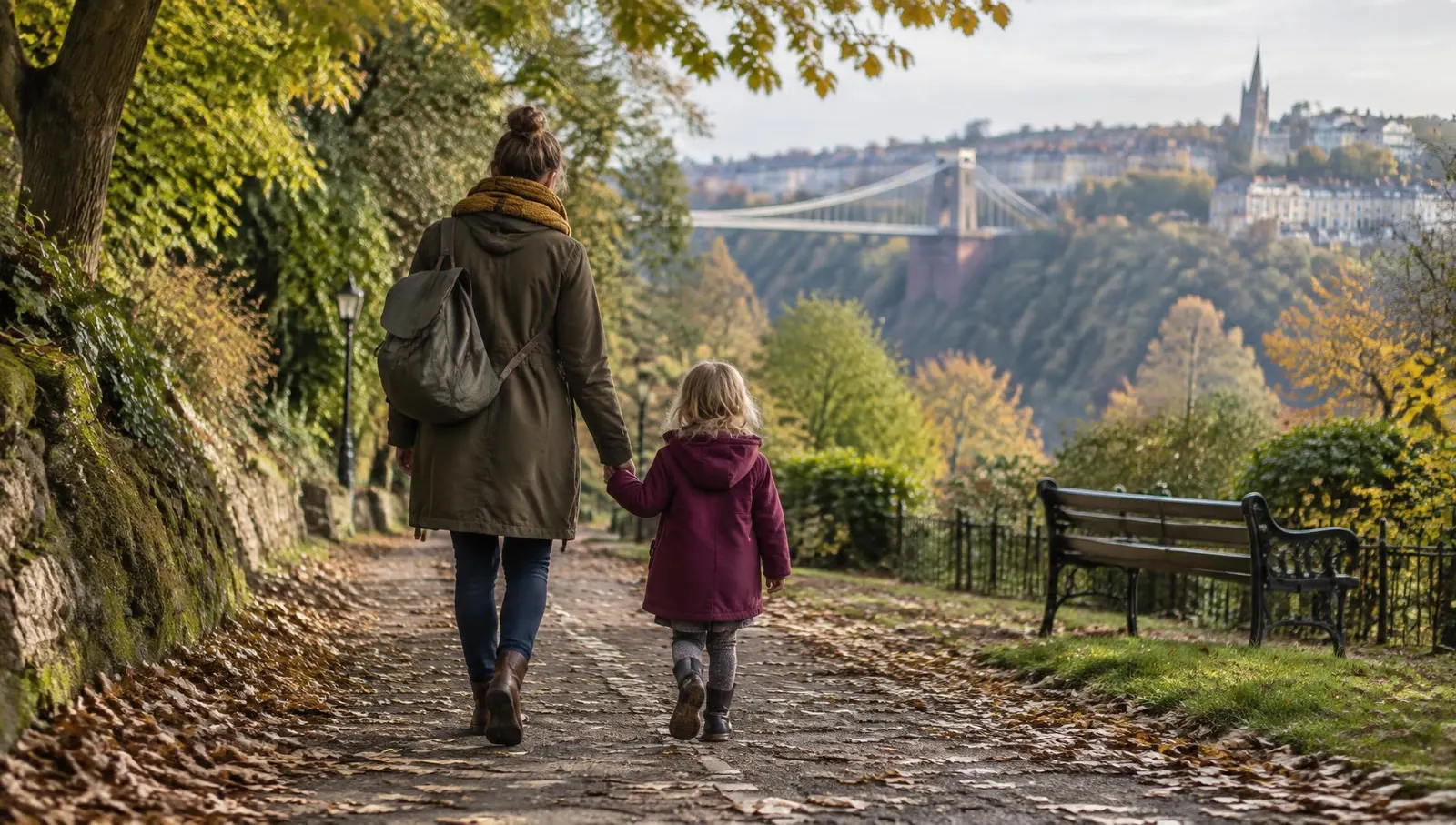 A parent and child walking hand in hand along a leafy path