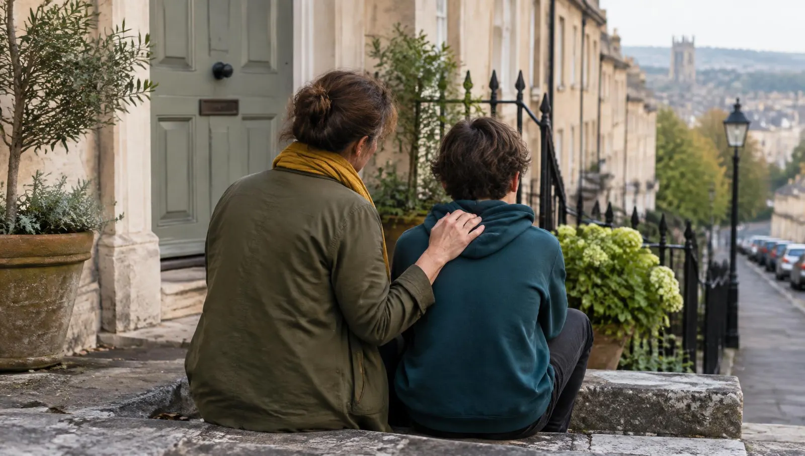 A parent and teenager sitting together on stone steps, seen from behind