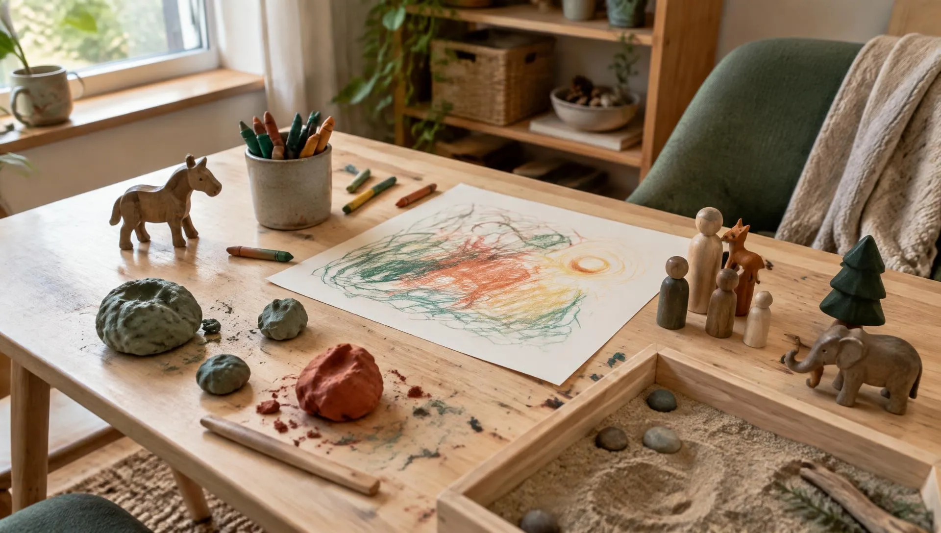 A therapy table set with modelling clay, crayons, a drawing and small wooden figures