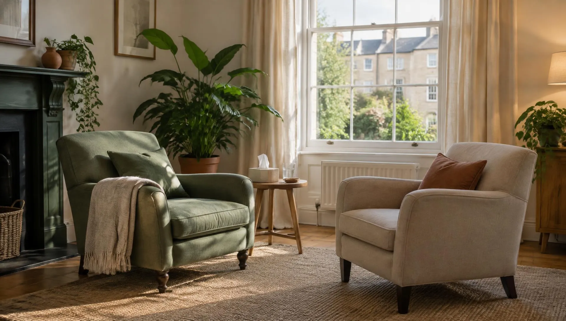 A calm consulting room with two armchairs facing each other by a sash window