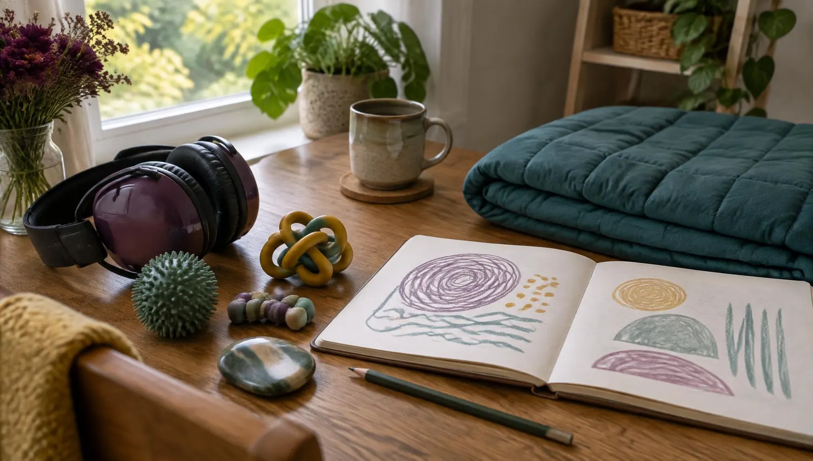 Ear defenders, fidget toys, a weighted blanket and a sketchbook on a table