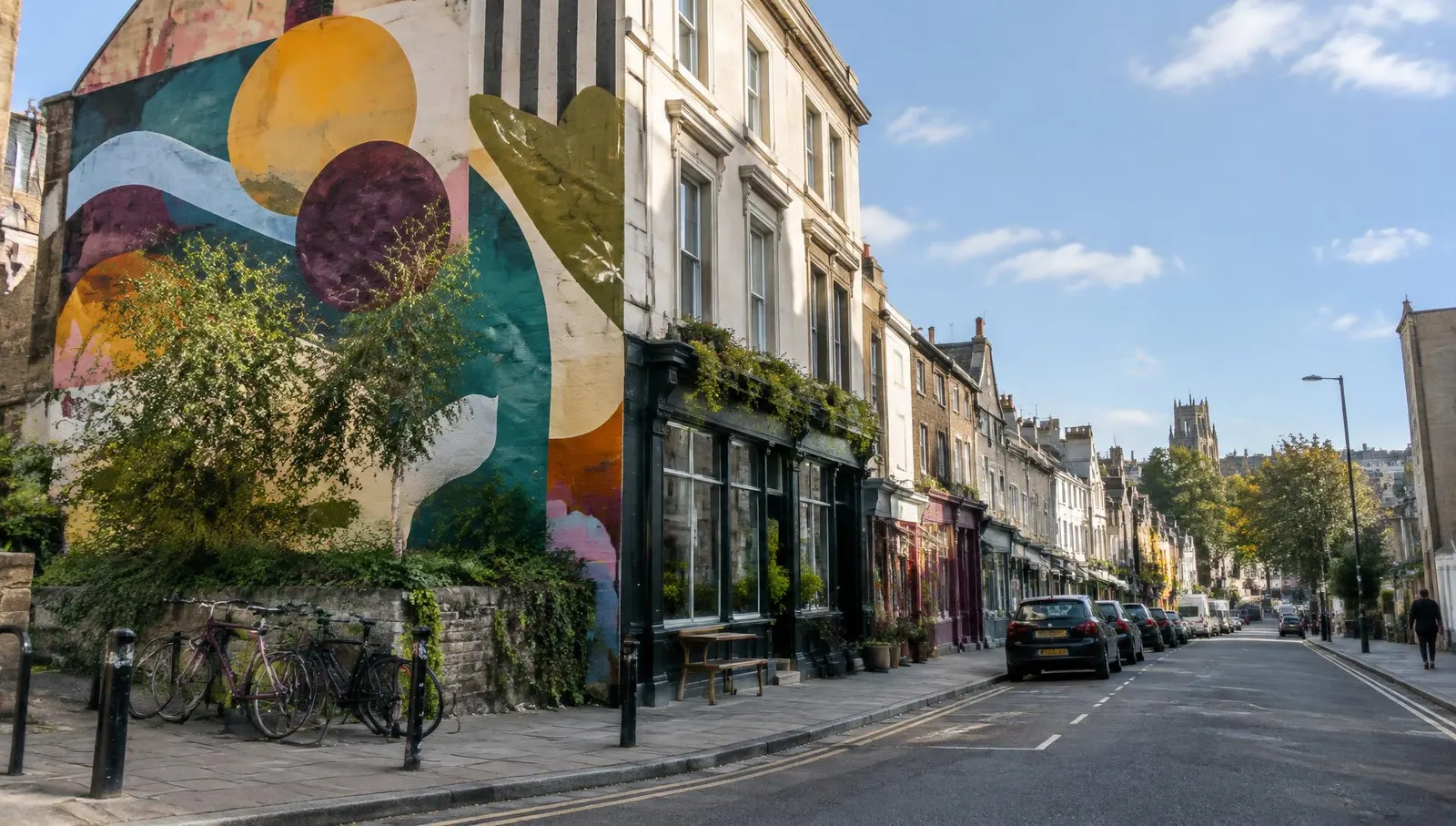 Colourful murals and Georgian shopfronts in Stokes Croft, Bristol