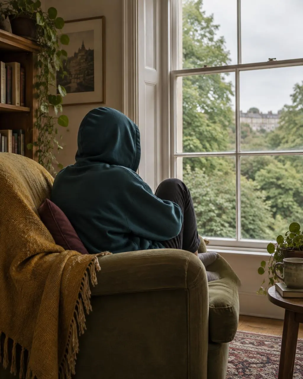 A teenager in a hoodie curled in an armchair, looking out of a window